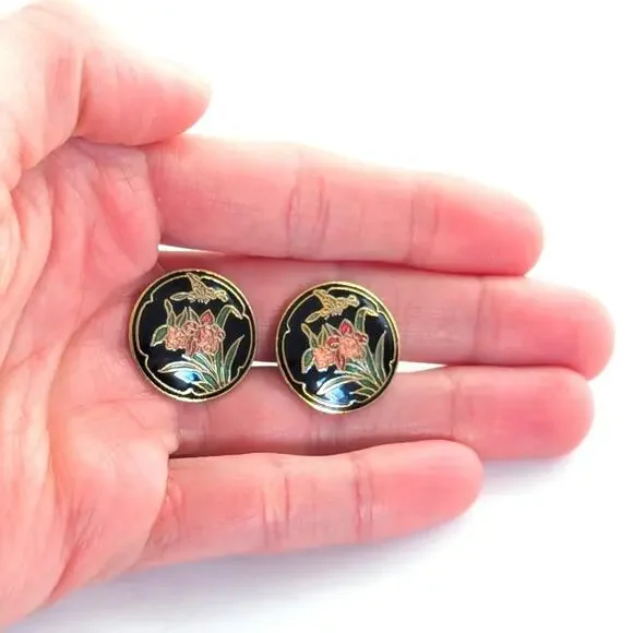 Vintage Cloisonne Enameled Spring Daffodil Butterfly Floral Clip On Earrings - Picture 4 of 4